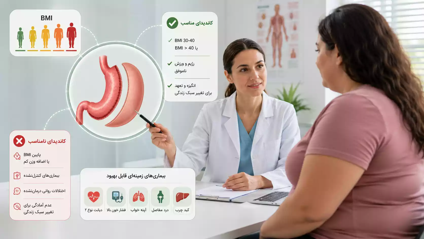 کاندیدای مناسب پلیسه معده: بررسی بر اساس BMI و بیماری‌های زمینه‌ای
